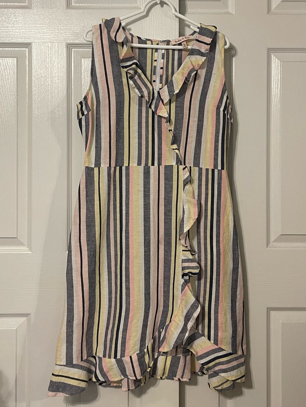 Harlow & Rose Sleeveless Pastel Multi-Stripe Ruffle Hem Dress